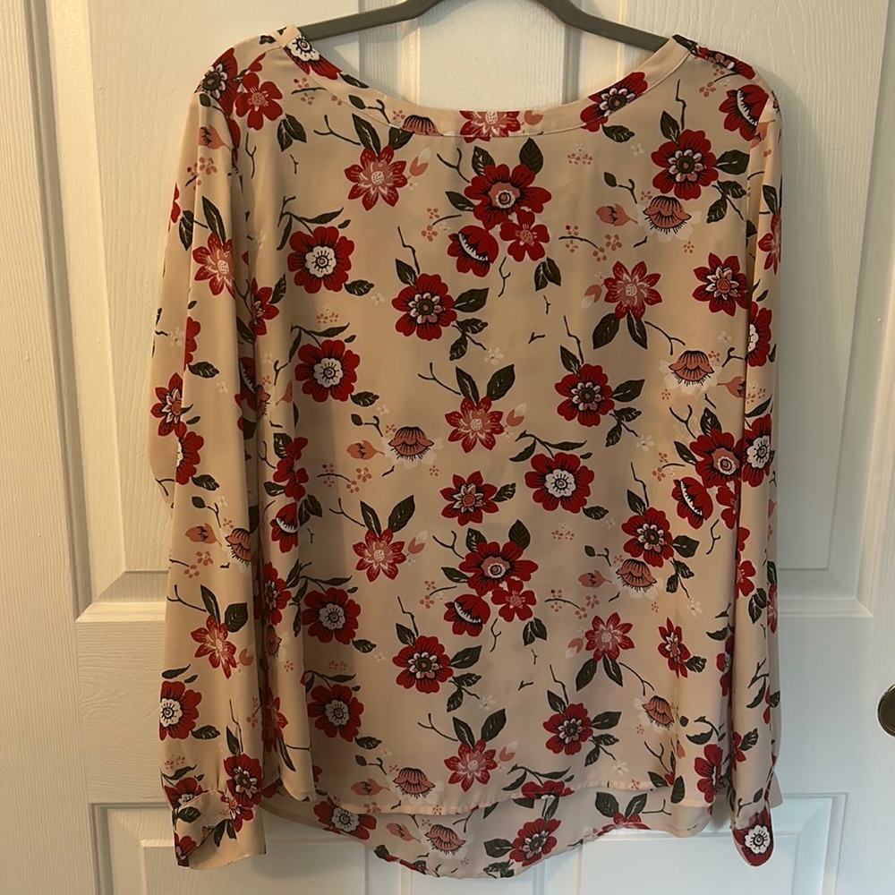 LOFT Blush Pink and floral tie neck blouse